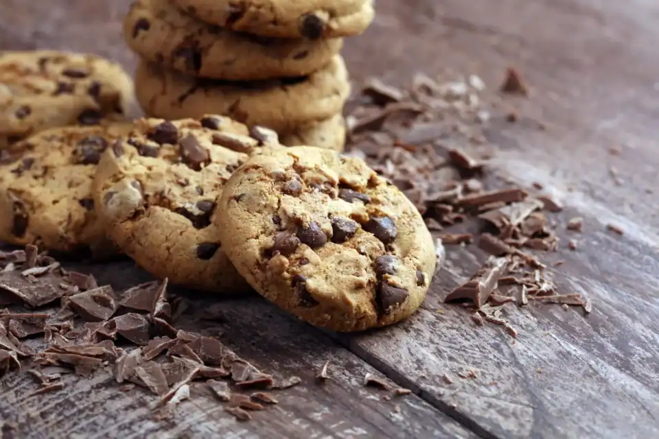 chocolate chip cookies on a wooden table